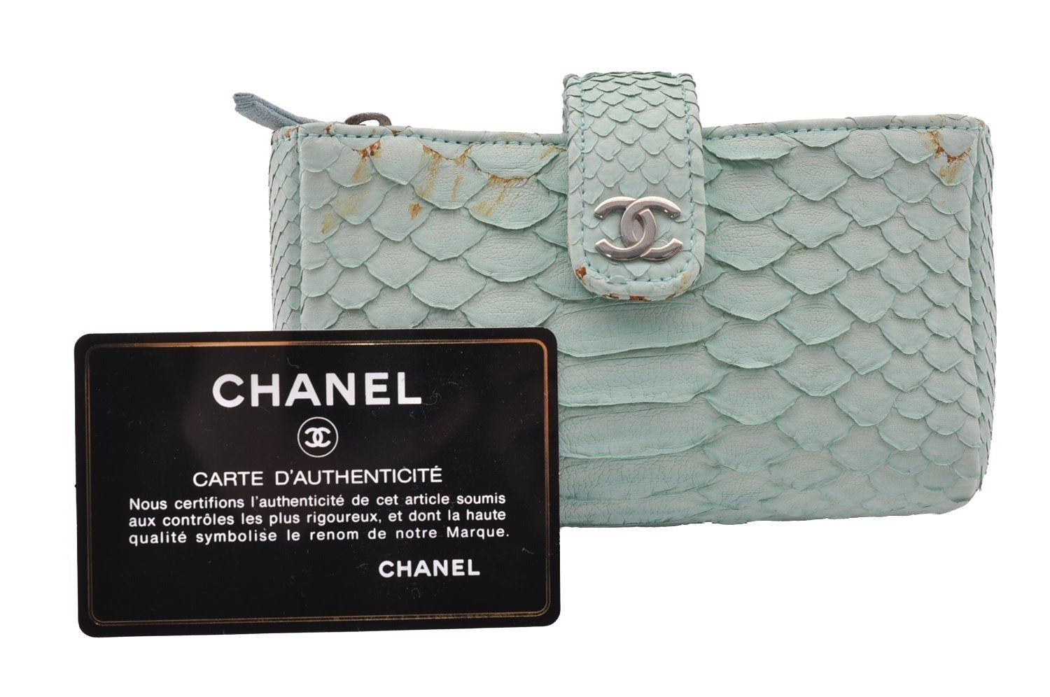 Authentic CHANEL Calf Skin CoCo Mark Cosmetic Pouch Purse Light Blue 1596I