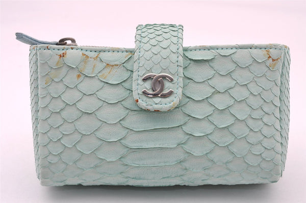 Authentic CHANEL Calf Skin CoCo Mark Cosmetic Pouch Purse Light Blue 1596I