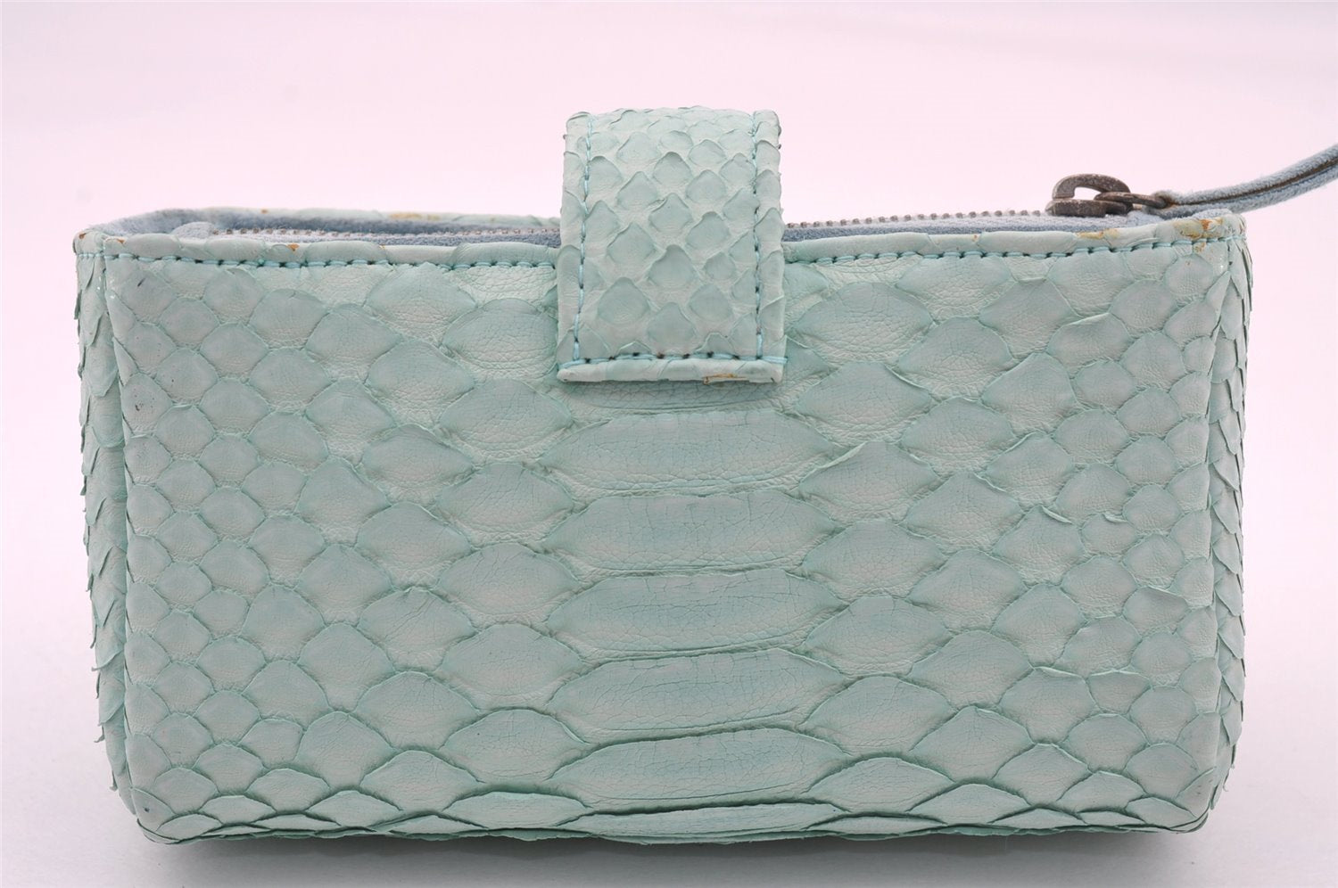 Authentic CHANEL Calf Skin CoCo Mark Cosmetic Pouch Purse Light Blue 1596I