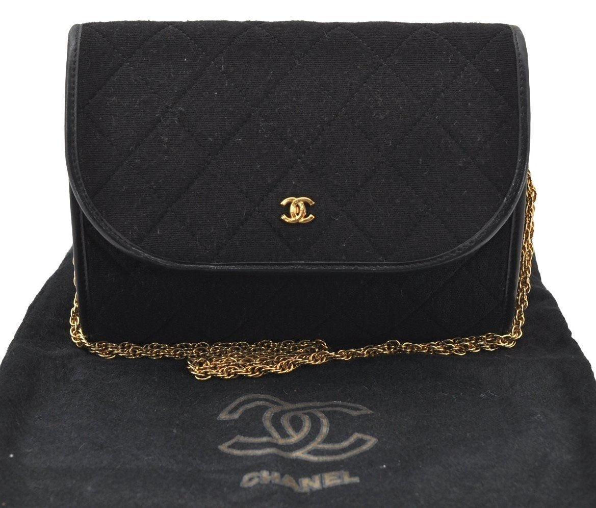 Authentic CHANEL Cotton Calf Matelasse Chain Shoulder Bag Purse Black CC 1597I