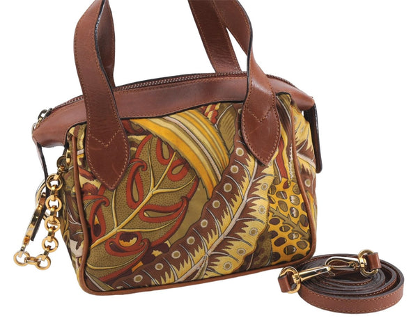 Authentic Salvatore Ferragamo Botanical 2Way Hand Bag Nylon Leather Brown 1606E
