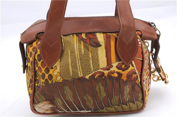 Authentic Salvatore Ferragamo Botanical 2Way Hand Bag Nylon Leather Brown 1606E