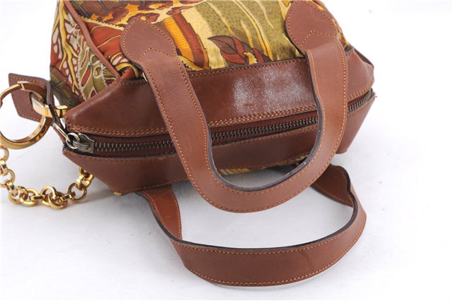 Authentic Salvatore Ferragamo Botanical 2Way Hand Bag Nylon Leather Brown 1606E