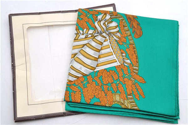 Authentic HERMES Carre 90 Scarf "chapeau" Silk Green Box 1610E