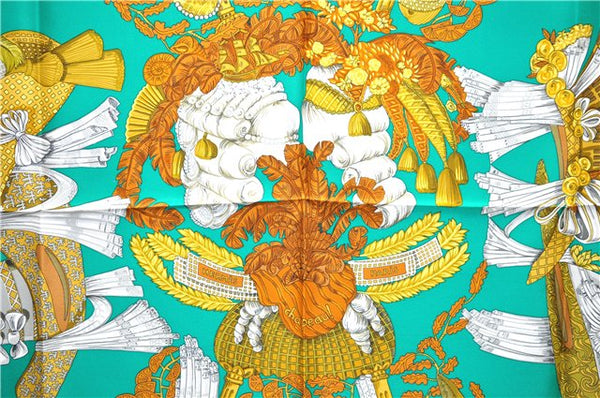 Authentic HERMES Carre 90 Scarf "chapeau" Silk Green Box 1610E