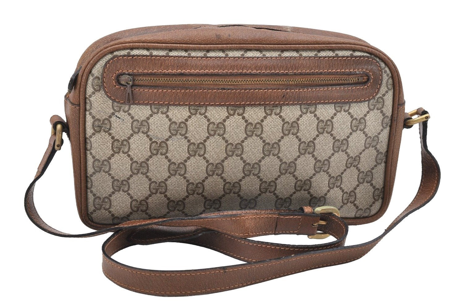 Authentic GUCCI Shoulder Cross Body Bag Purse GG PVC Leather Brown 1612I