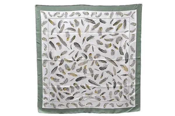 Authentic HERMES Carre 90 Scarf "PLUMES" Silk Green Box 1614E