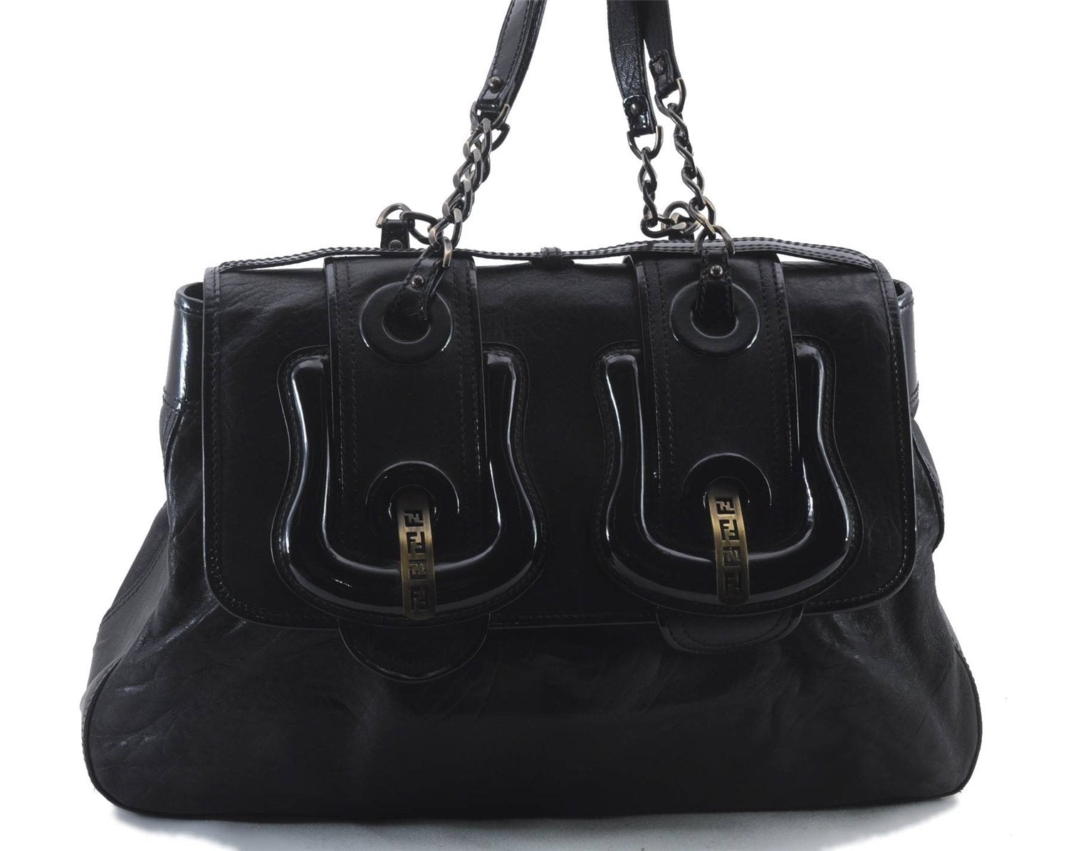 Authentic FENDI B-Bag Chain Shoulder Hand Bag Leather Enamel Black 1623D