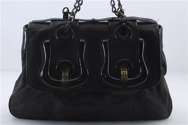 Authentic FENDI B-Bag Chain Shoulder Hand Bag Leather Enamel Black 1623D