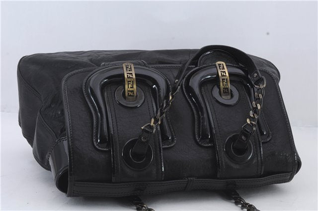 Authentic FENDI B-Bag Chain Shoulder Hand Bag Leather Enamel Black 1623D
