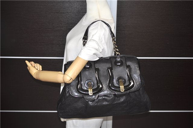 Authentic FENDI B-Bag Chain Shoulder Hand Bag Leather Enamel Black 1623D