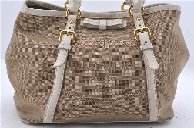 Authentic PRADA Canvas Leather Logo 2Way Shoulder Hand Bag Beige Ivory 1625D