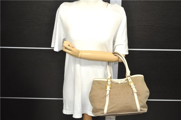 Authentic PRADA Canvas Leather Logo 2Way Shoulder Hand Bag Beige Ivory 1625D