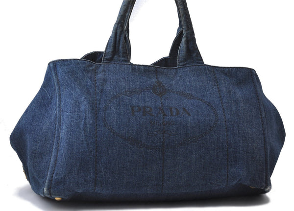 Authentic PRADA Canapa Canvas Tote Hand Bag Denim Blue 1626D