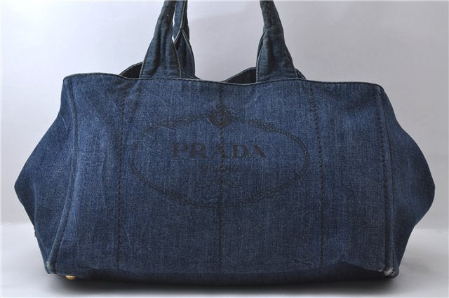 Authentic PRADA Canapa Canvas Tote Hand Bag Denim Blue 1626D