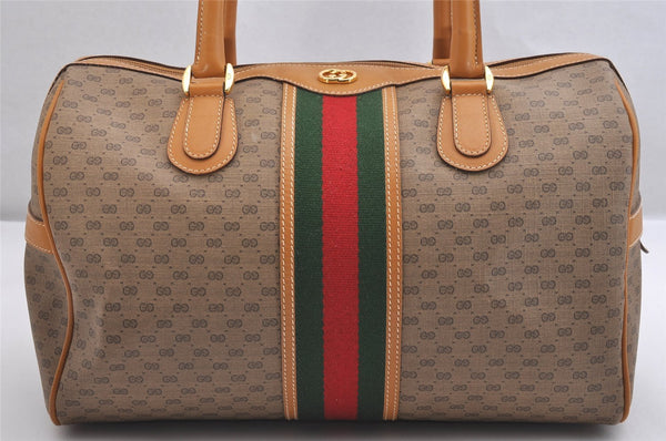 Authentic GUCCI Web Sherry Line Micro GG Hand Boston Bag PVC Leather Brown 1639I