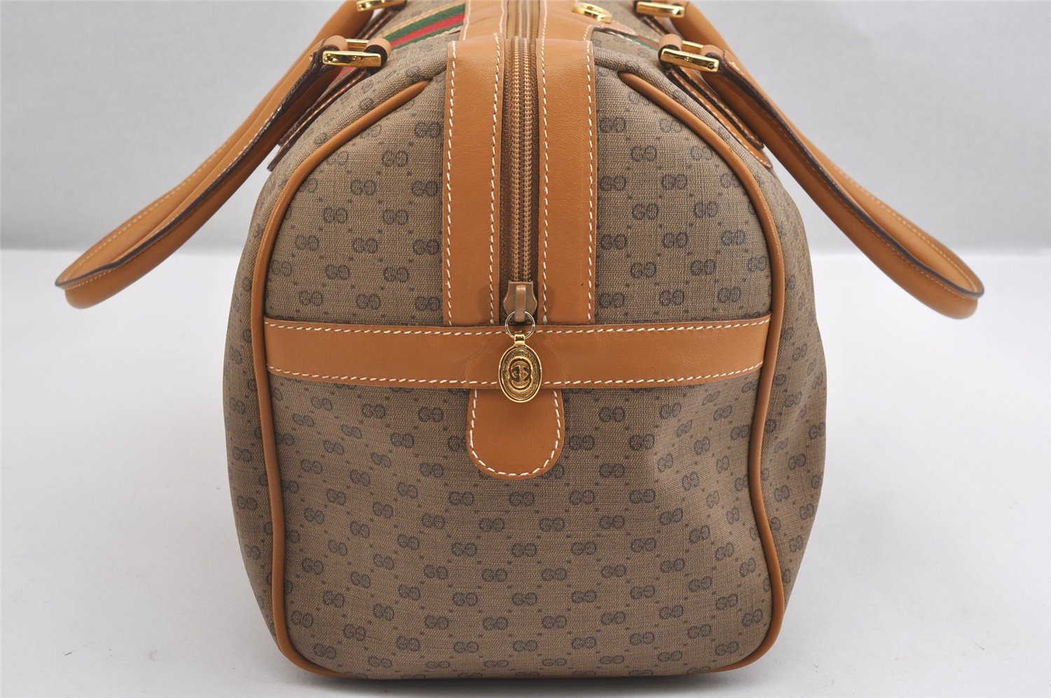 Authentic GUCCI Web Sherry Line Micro GG Hand Boston Bag PVC Leather Brown 1639I