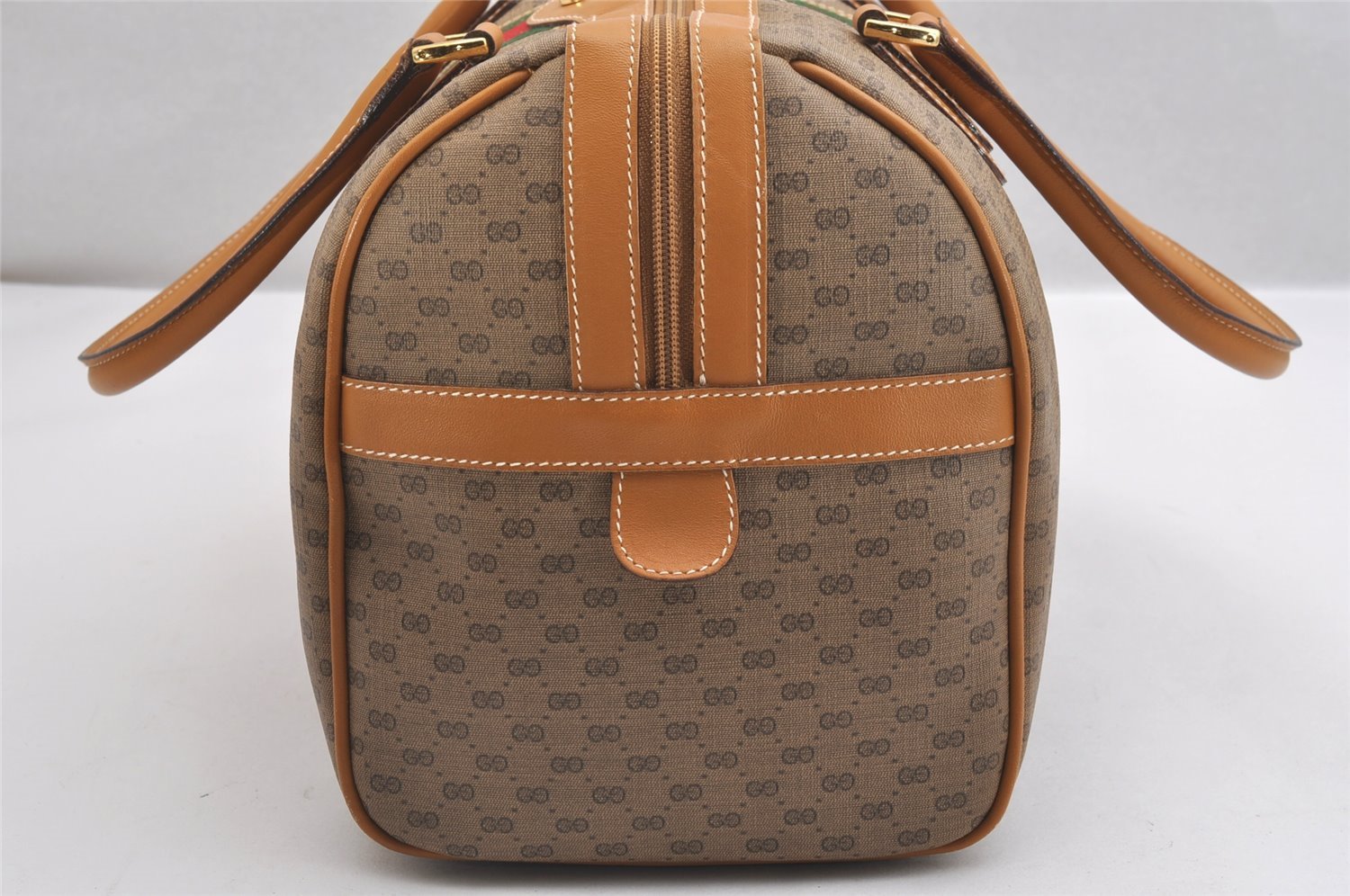 Authentic GUCCI Web Sherry Line Micro GG Hand Boston Bag PVC Leather Brown 1639I