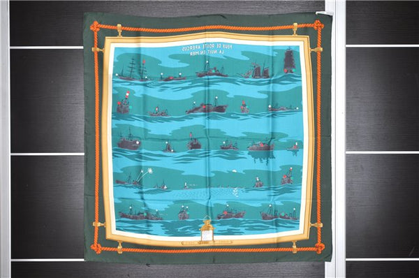 Authentic HERMES Carre 90 Scarf "FEUX DE ROUTE APERCUS" Silk Green 1647G