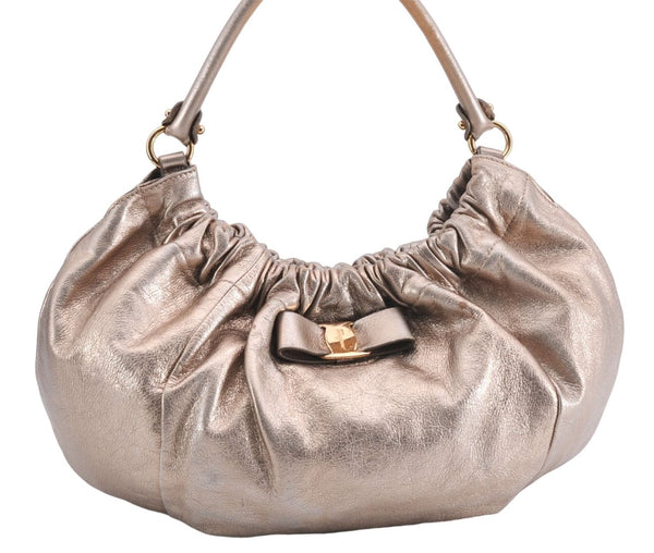 Authentic Salvatore Ferragamo Vara Ribbon Shoulder Hand Bag Leather Gold 1657E