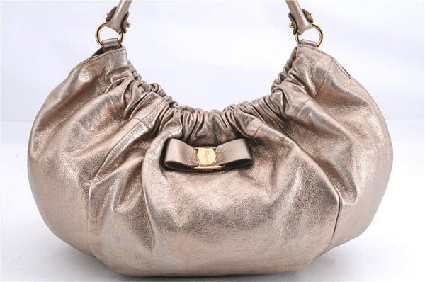 Authentic Salvatore Ferragamo Vara Ribbon Shoulder Hand Bag Leather Gold 1657E