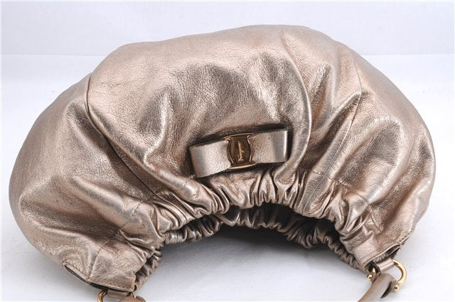 Authentic Salvatore Ferragamo Vara Ribbon Shoulder Hand Bag Leather Gold 1657E