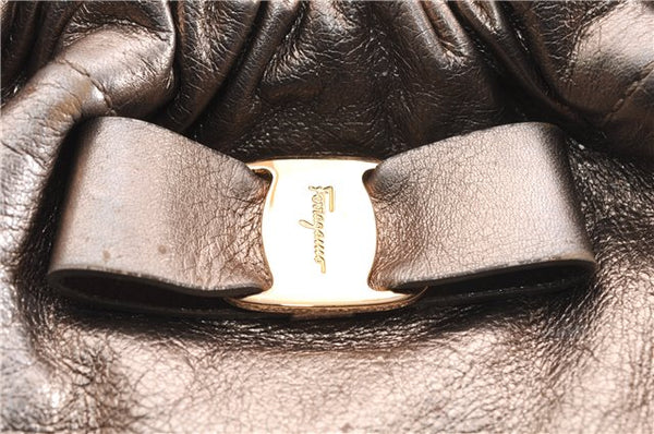 Authentic Salvatore Ferragamo Vara Ribbon Shoulder Hand Bag Leather Gold 1657E