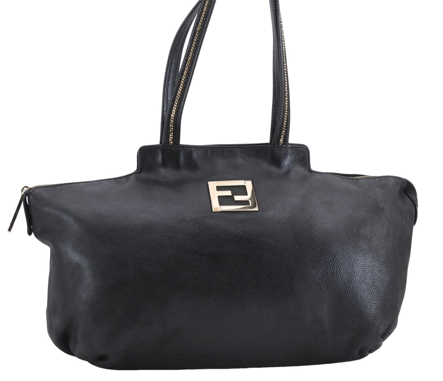 Authentic FENDI Vintage Shoulder Tote Bag Leather Black 1658E