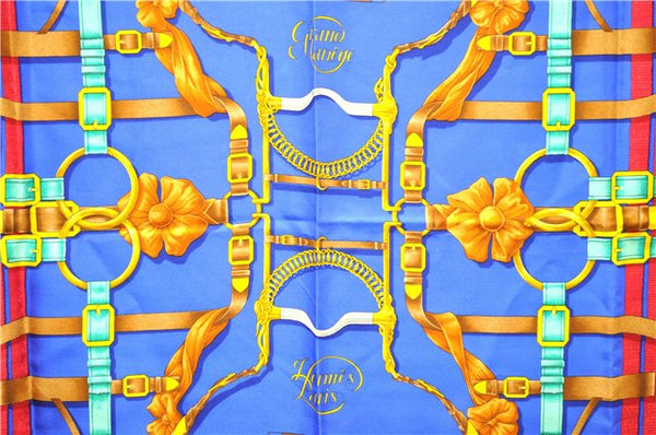 Authentic HERMES Carre 90 Scarf "GRAND MANEGE" Silk Blue 1662E