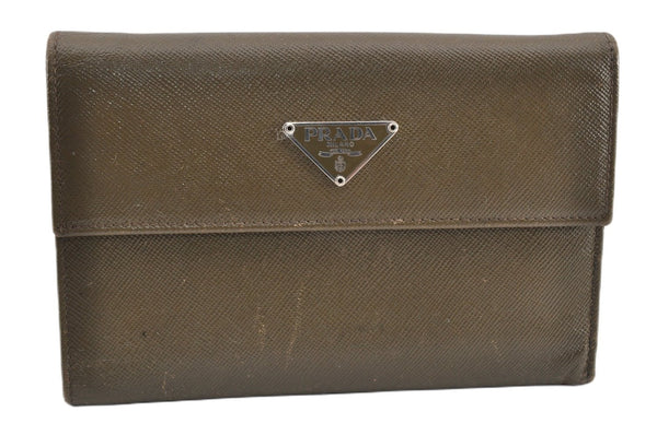 Authentic PRADA Vintage Saffiano Leather Trifold Wallet Purse Khaki Green 1662G