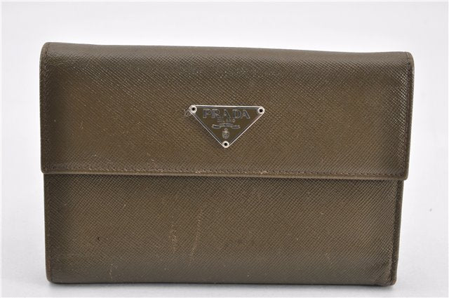 Authentic PRADA Vintage Saffiano Leather Trifold Wallet Purse Khaki Green 1662G