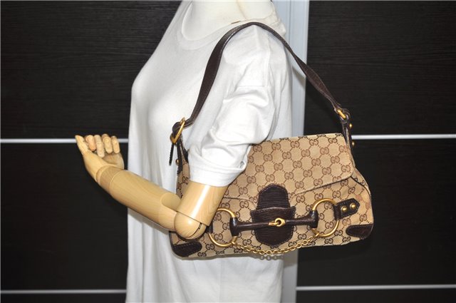 Authentic GUCCI Horsebit Shoulder Hand Bag GG Canvas Leather 114915 Brown 1671D