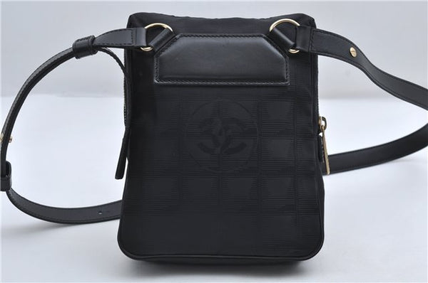 Authentic CHANEL New Travel Line Shoulder Cross Bag Nylon Leather Black 1673E