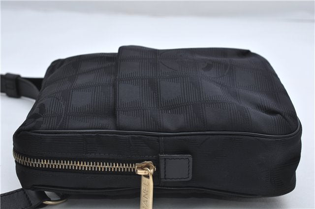 Authentic CHANEL New Travel Line Shoulder Cross Bag Nylon Leather Black 1673E