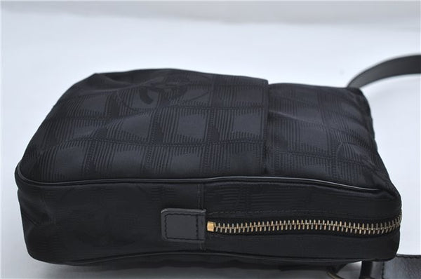 Authentic CHANEL New Travel Line Shoulder Cross Bag Nylon Leather Black 1673E