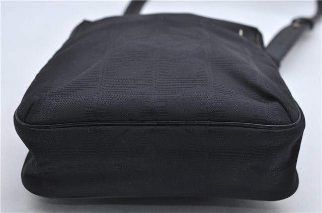 Authentic CHANEL New Travel Line Shoulder Cross Bag Nylon Leather Black 1673E