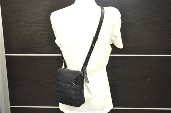 Authentic CHANEL New Travel Line Shoulder Cross Bag Nylon Leather Black 1673E