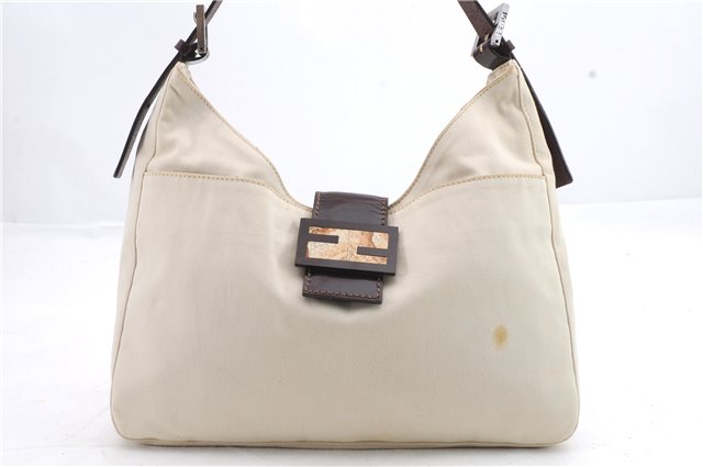 Authentic FENDI Mamma Baguette Shoulder Hand Bag Canvas Leather Ivory 1674D