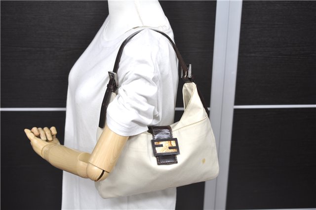 Authentic FENDI Mamma Baguette Shoulder Hand Bag Canvas Leather Ivory 1674D