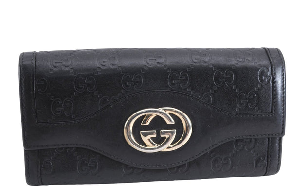 Authentic GUCCI Guccissima Double G Leather Long Wallet Purse 282431 Black 1687E