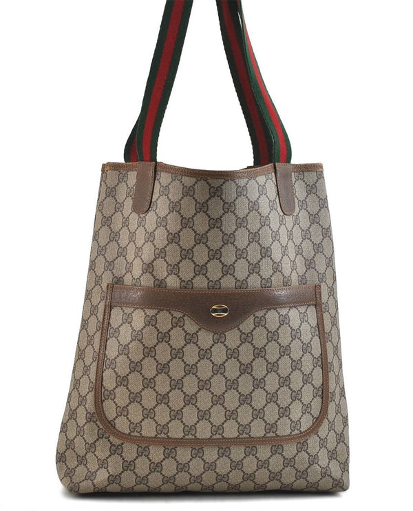 Authentic GUCCI Web Sherry Line Shoulder Tote Bag GG PVC Leather Brown 1689D