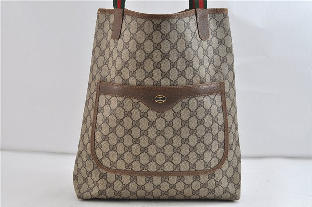 Authentic GUCCI Web Sherry Line Shoulder Tote Bag GG PVC Leather Brown 1689D