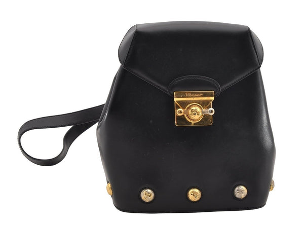 Authentic Salvatore Ferragamo Heel Motif Backpack Purse Leather Black Junk 1707I