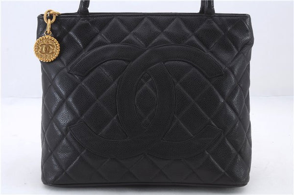 Authentic CHANEL Caviar Skin Medallion CoCo Mark Shoulder Tote Bag Black 1715D