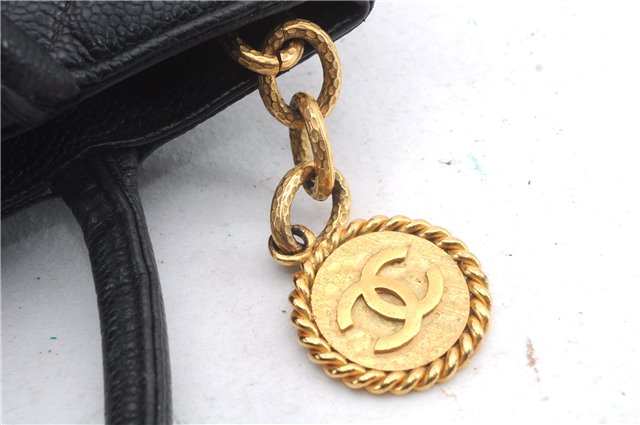 Authentic CHANEL Caviar Skin Medallion CoCo Mark Shoulder Tote Bag Black 1715D