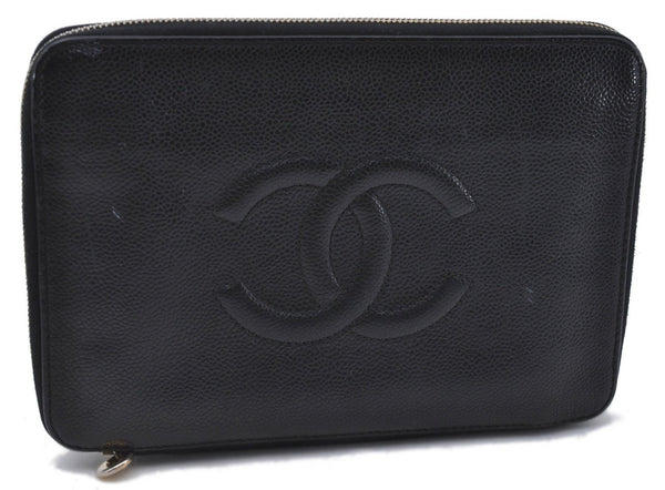 Authentic CHANEL Caviar Skin CC Logo Long Wallet Purse Black 1717D