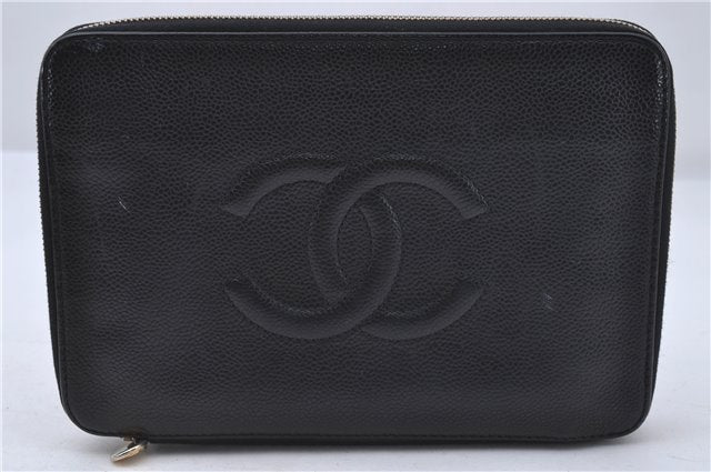 Authentic CHANEL Caviar Skin CC Logo Long Wallet Purse Black 1717D