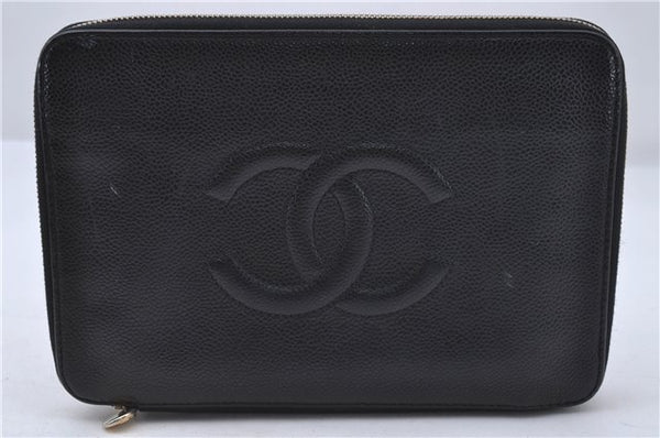 Authentic CHANEL Caviar Skin CC Logo Long Wallet Purse Black 1717D