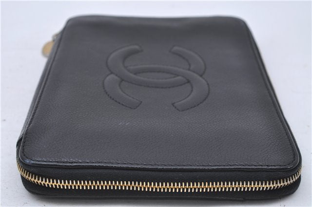 Authentic CHANEL Caviar Skin CC Logo Long Wallet Purse Black 1717D