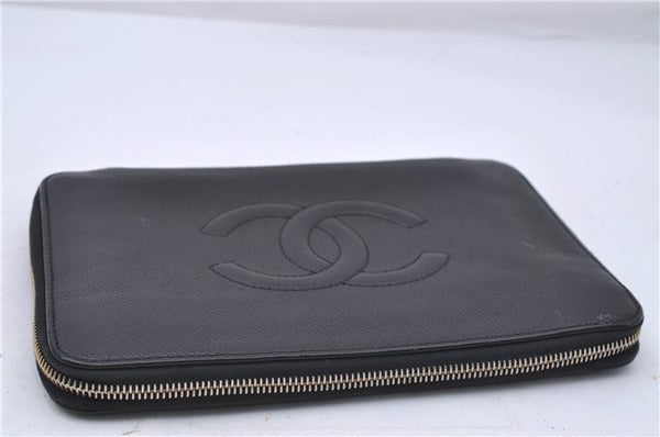 Authentic CHANEL Caviar Skin CC Logo Long Wallet Purse Black 1717D